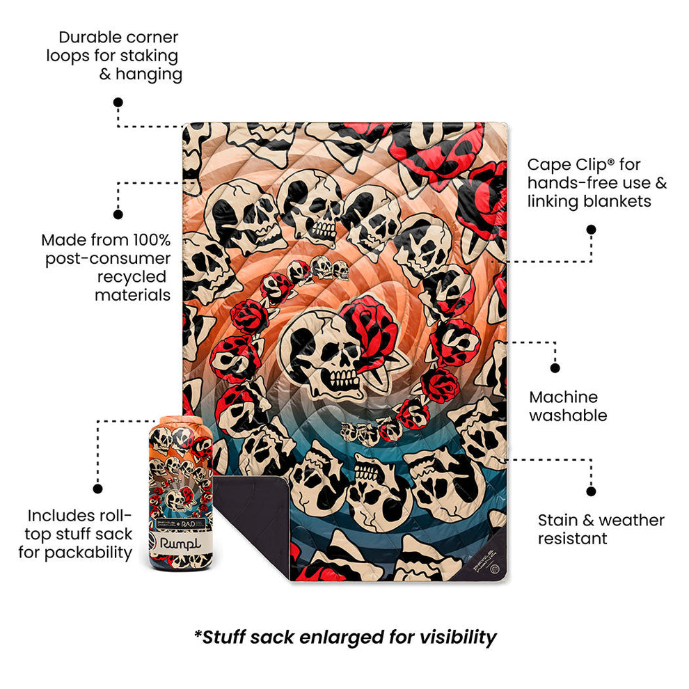 Rumpl Original Puffy Blanket - Bryce Wong - Skulls & Roses Original Puffy Blanket - Skulls & Roses | Rumpl x Bryce Wong Printed Original