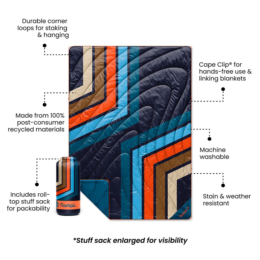 Rumpl Original Puffy 2 Person Blanket - Midnight Retro Stripes Original Puffy 2 Person Blanket - Midnight Retro Stripes | Rumpl Blankets For Everywhere Printed Original